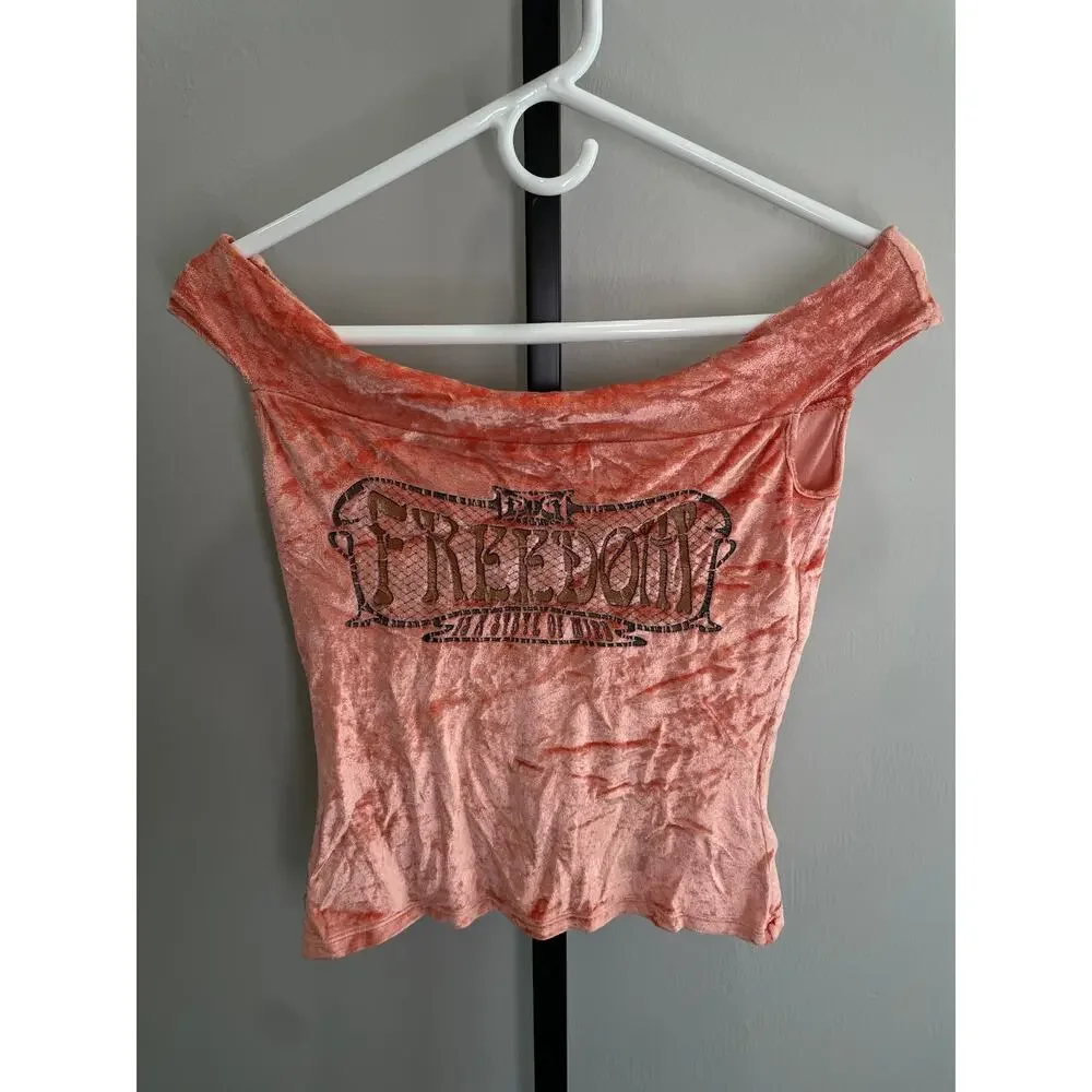 Y2K Dolce & Gabbana Velvet Off The Shoulder Top Womens XS Pink Freedom 2000s - Picture 2 of 8